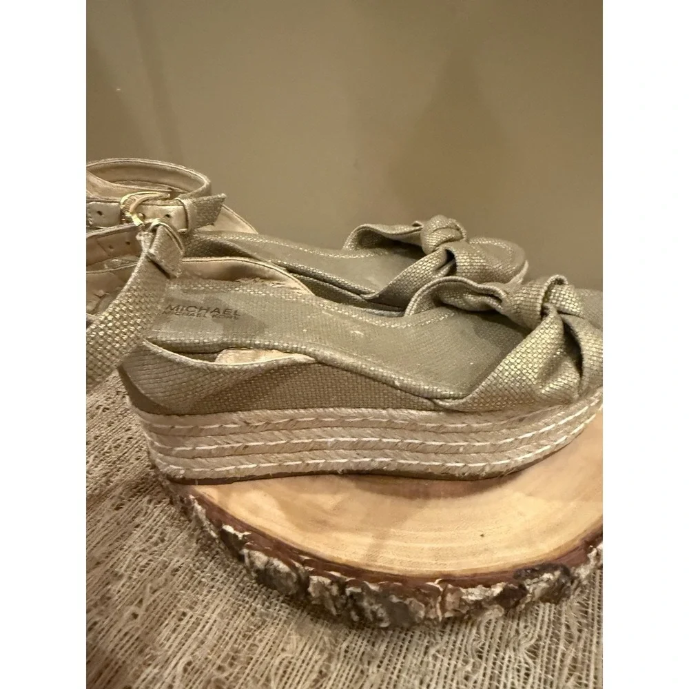 Michael Michael Kors Maxwell Mid Wedge Sandals Gold Ankle Strap Knotted
